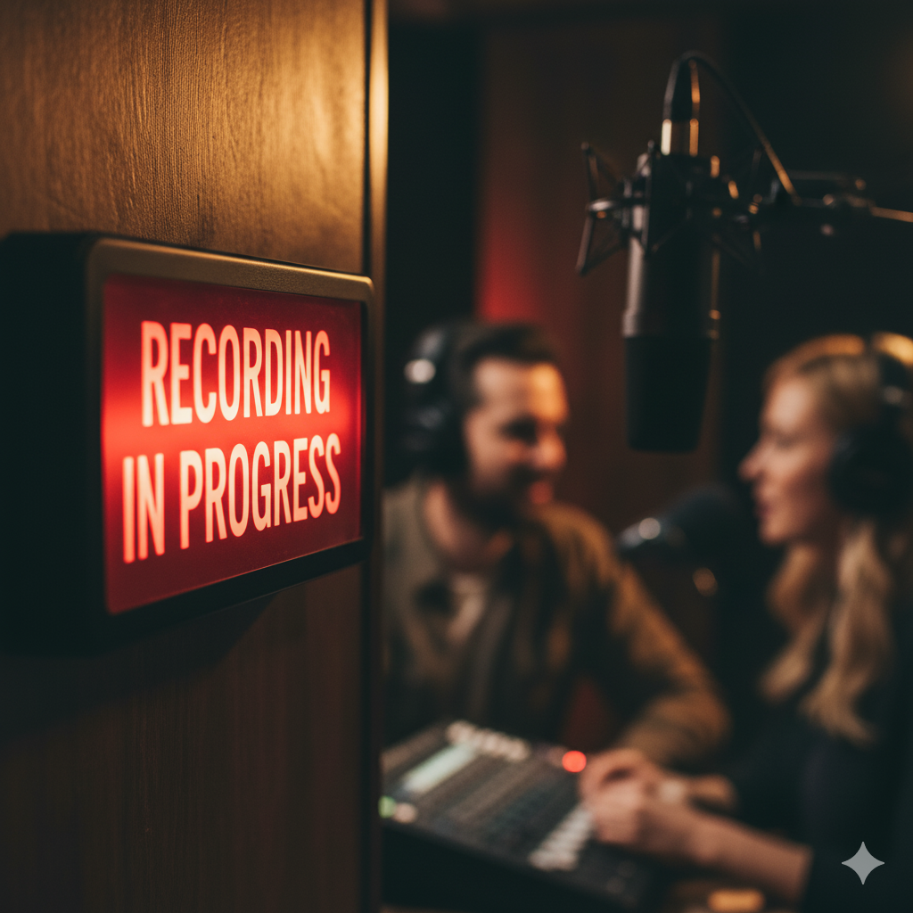 A recording studio scene featuring a red 'RECORDING IN PROGRESS' sign with two individuals engaged in conversation behind audio equipment.